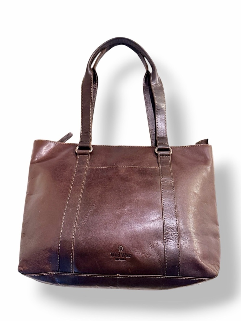 Wild West Los Angeles dark brown leather shoulder tote bag, double handle 11x15